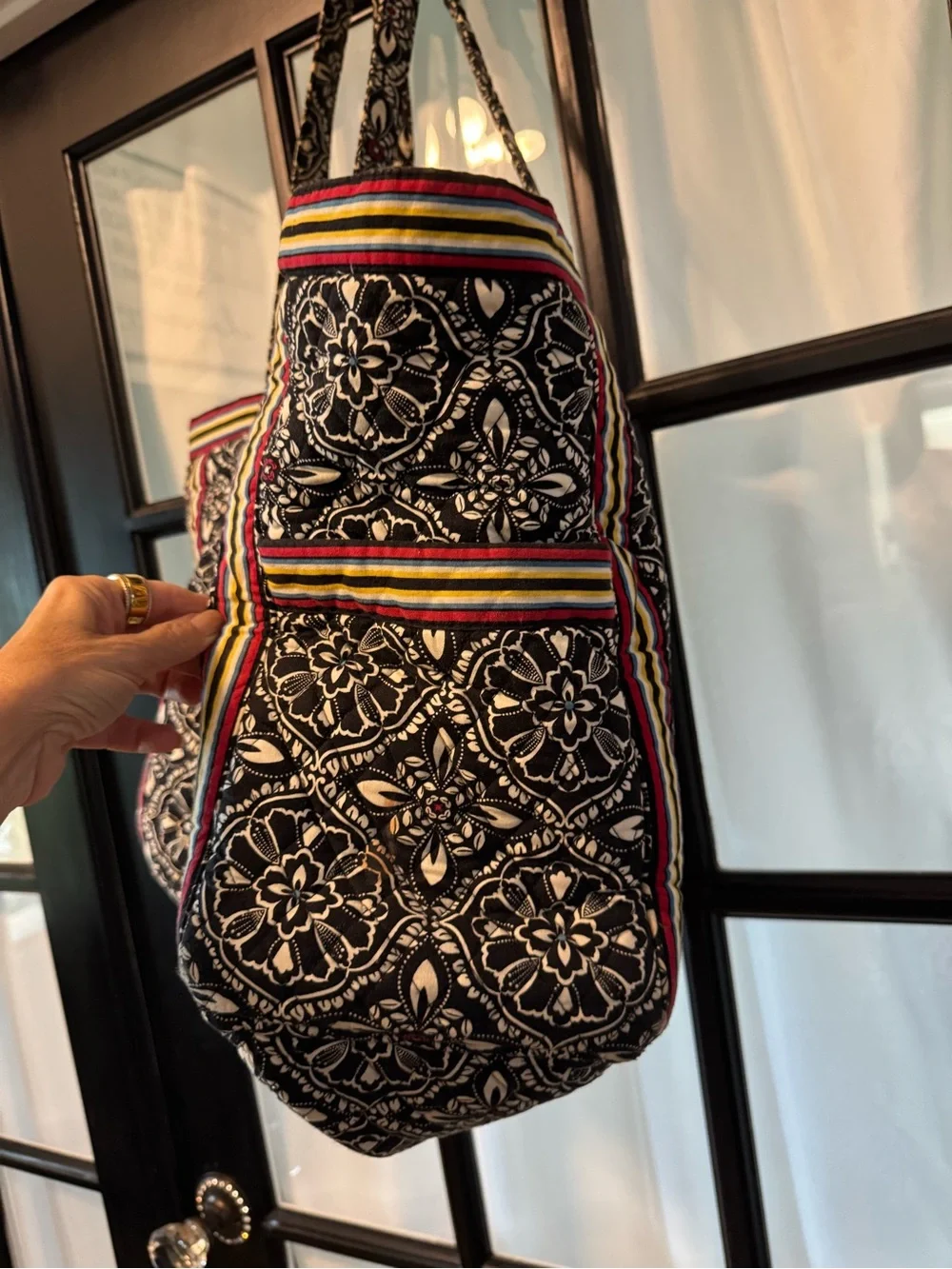 Vera Bradley XXL Quilted Black & White Floral Tote with Multicolor Stripe Accent